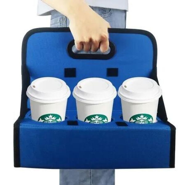 6-Cup Holder with Handle for Cup Caddy Portable Drink Carrier or Cans Reusable, Folds Flat, Carry Coffee, Hot and Cold Beverages (Blue-Cup Not Included)