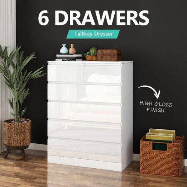 6 Drawers Chest Dresser White Bedside Table Tallboy Storage Cabinet Nightstand End Sofa Bed Side Pantry Furniture Bedroom Hallway Living Room