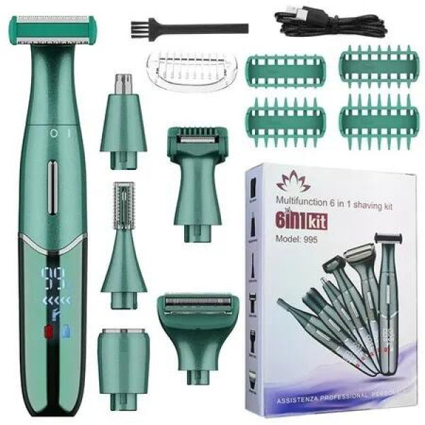 6 in 1 Bikini Trimmer for Women,Waterproof Cordless Replaceable,Electric Razors Nose Hair Trimmer Body Shaver for Arms Legs Green