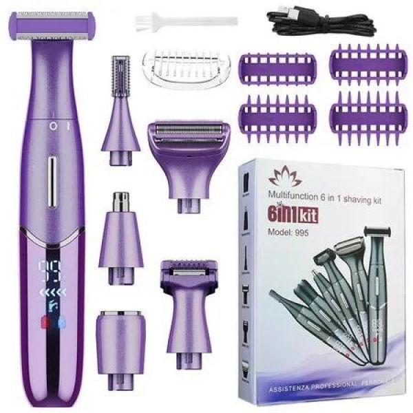 6 in 1 Bikini Trimmer for Women,Waterproof Cordless Replaceable,Electric Razors Nose Hair Trimmer Body Shaver for Arms Legs Purple