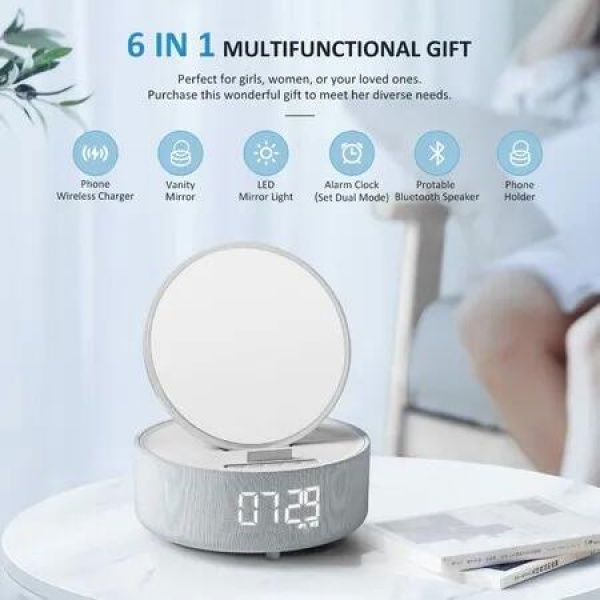 6-in-1 Bluetooth Speaker with Digital Alarm Clock,Mirror,Night Light,Phone Holder and Wireless Speaker Charger for Phone Music