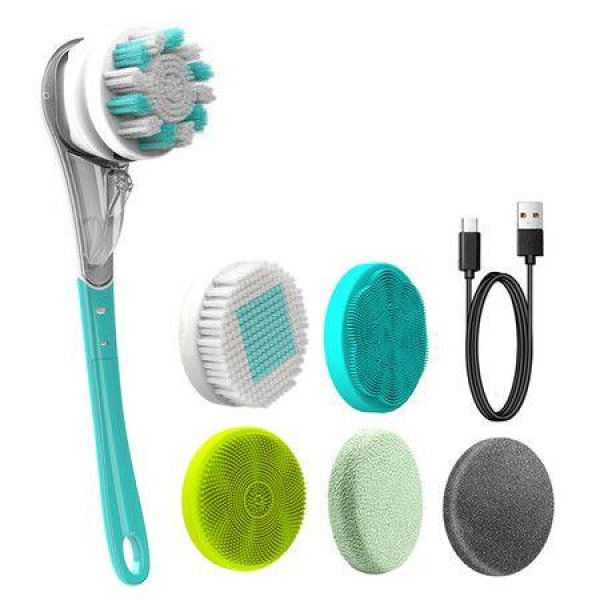 6-in-1 Rechargeable Electric Body Brush Shower Massage Exfoliating Scrubber Soft Silicone USB Wash Deep Cleaning Multifunctional Back Brush (Blue)