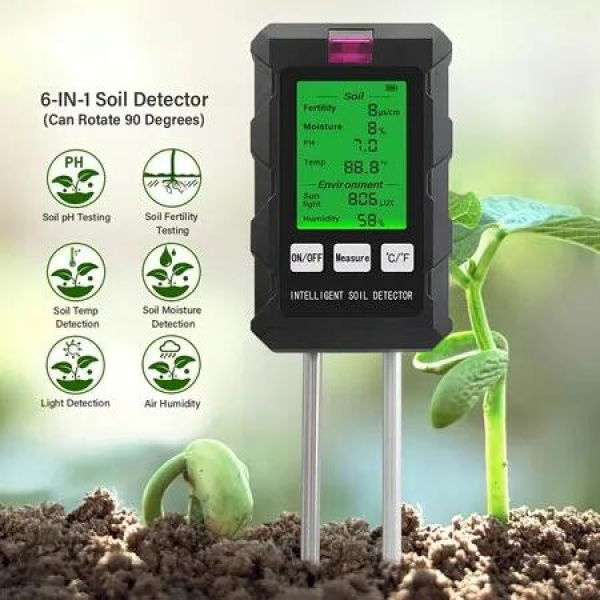 6-in-1 Soil Tester Meter with LCD Display For PH,Light,Moisture,Fertility,Temperature,and Air Humidity Operating for Garden,Lawn,Farm