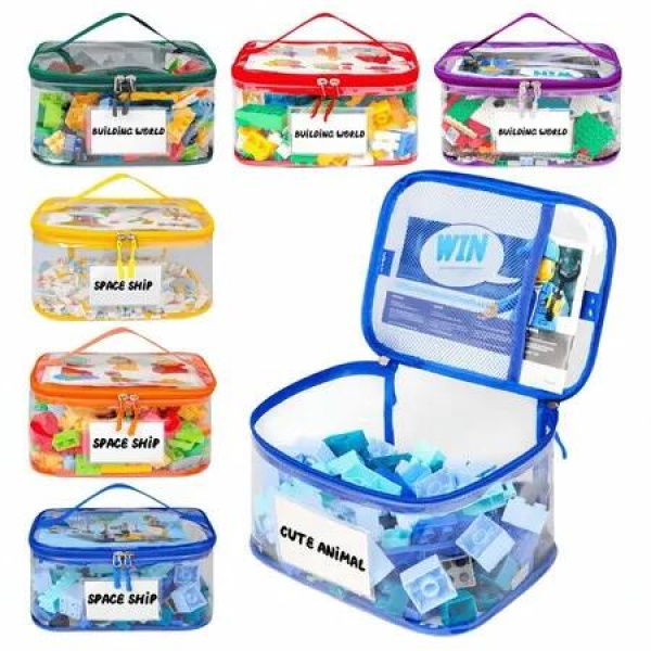 6 Pack Clear Toy Storage Bag with Name Tag Manual Pocket Waterproof Transparent PVC Toy Organizer Case for Lego Bricks Board Games,Building Blocks,Puzzles
