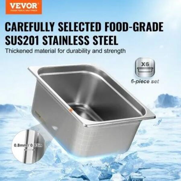 6 Pack Hotel Pans 1/2 Size Anti-Jam Steam Pan 0.8mm Thick Stainless Steel Restaurant Steam Table Pan 6-Inch Deep Commercial Table Pan Catering Storage