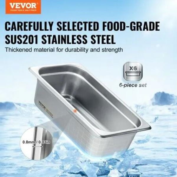 6 Pack Hotel Pans 1/3 Size Anti-Jam Steam Pan 0.8mm Thick Stainless Steel Restaurant Steam Table Pan 4-Inch Deep Commercial Table Pan Catering Storage