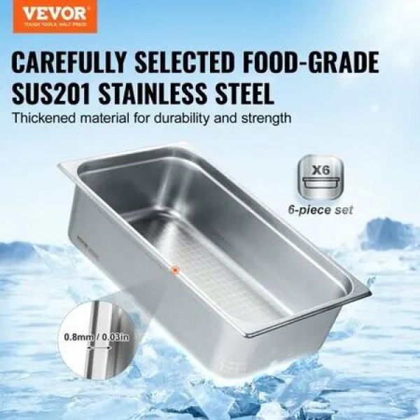 6 Pack Hotel Pans Full Size Anti-Jam Steam Pan 0.8mm Thick Stainless Steel Restaurant Steam Table Pan 6-Inch Deep Commercial Table Pan Catering Storage