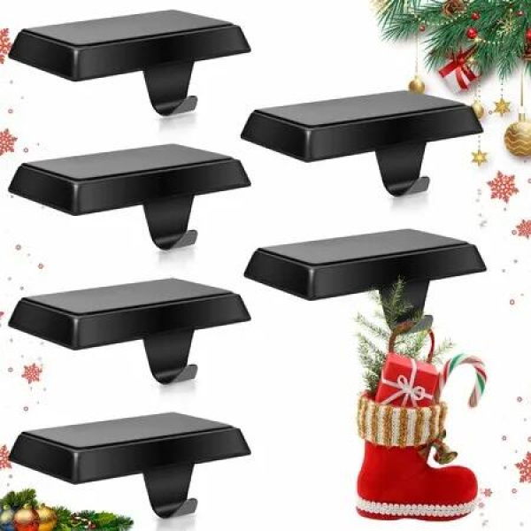 6 Pack Metal Christmas Stocking Holders for Mantle Heavy Duty Stocking Hangers Stocking Hook Christmas Ornaments for Counter Tables Window Fireplace Mantle Decoration (Black)