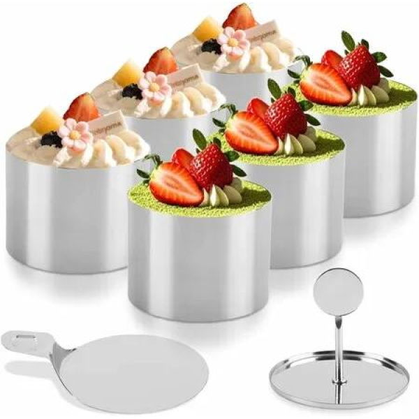 6 Pack Round Cake Ring Molds Seamless Stainless Steel Cake Cutter with Pusher Lifter,3-Inch Dessert Mousse Rings for Baking