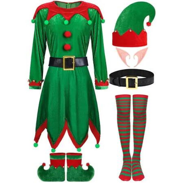 6 Pack Women Christmas Elf Costume Set Velvet Dress Santas Helper Costume Xmas Outfit Elf Hat Shoes Ears Belt Socks (Size:Large)