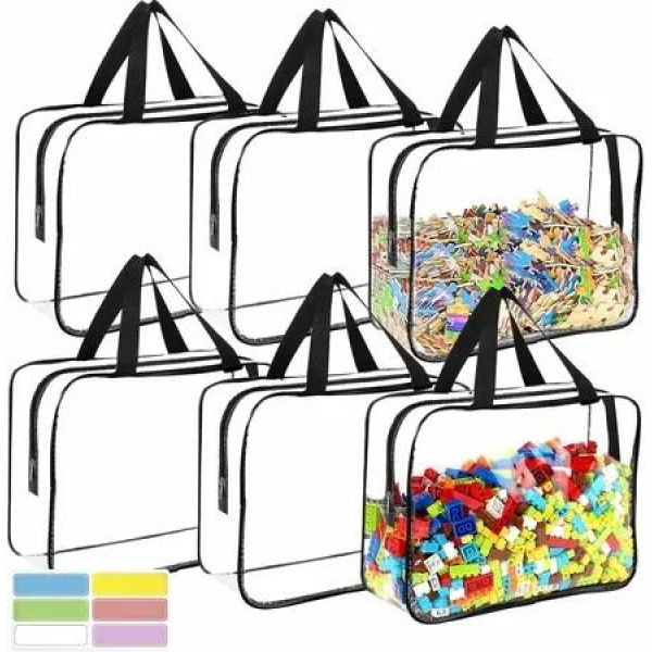 6 Packs Toy Storage Bags with Labels Reusable Clear PVC Board Game Storage,Waterproof Organizer Bags with Zipper for Building Blocks,Puzzles