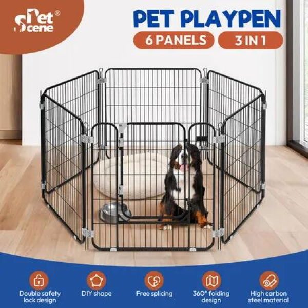 6 Panel Dog Kennel Cage Cat Enclosure Pet Fence Puppy Pen Rabbit Playpen Crate Ferret Guinea Pig Bunny Barrier Gate Outdoor Indoor