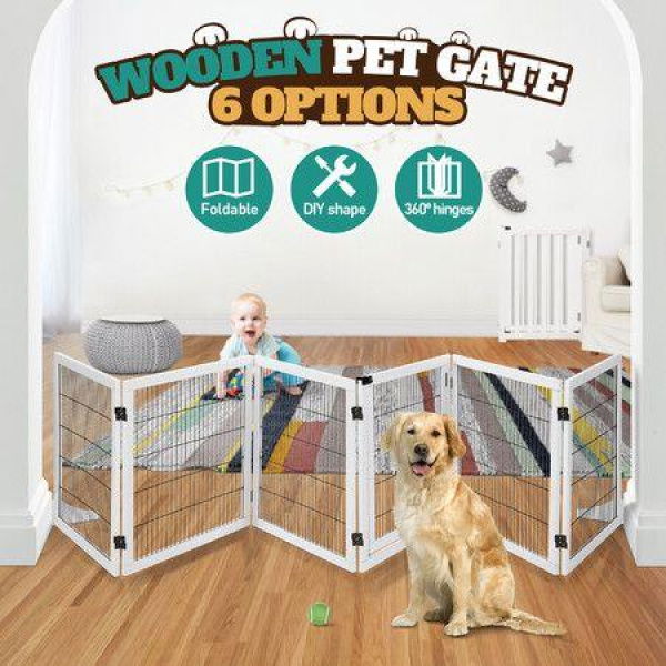 6 Panel Pet Safety Gate Dog Enclosure Playpen Wood Security Fence Puppy Stair Doorway Barrier Freestanding With Door Indoor Foldable