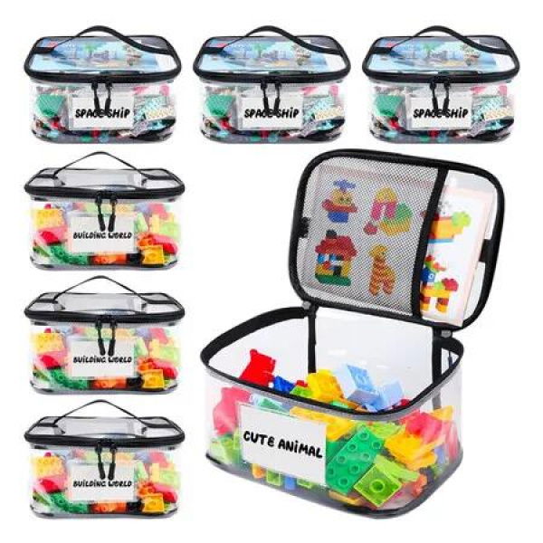 6 PCS Black 24*17.5*14.5cm Clear Toy Storage Bag Transparent PVC Toy Organizing Bags with Zipper with Name Tag& Manual Pocket