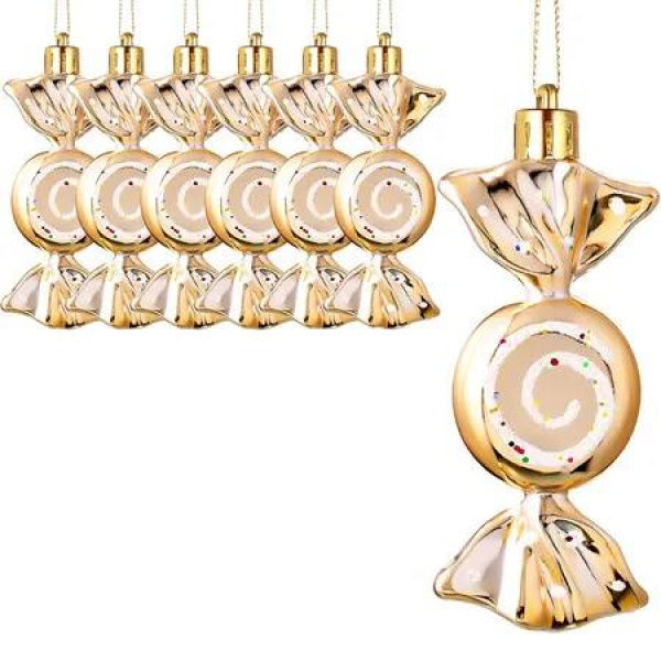 6 Pcs Christmas Candy Ornaments Hanging Glitter Candy Cane Decoration Xmas Tree Peppermint Ornament, Champagne, Plastic
