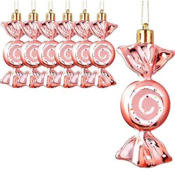 6 Pcs Christmas Candy Ornaments Hanging Glitter Candy Cane Decoration Xmas Tree Peppermint Ornament, Rose Golden, Plastic