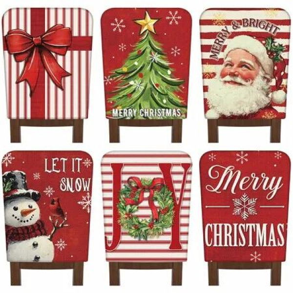 6 Pcs Christmas Chair Back Covers Xmas Tree Snowman Let It Snow Protector Slipcovers Washable Red White Stripe Dining Seat for Home Hotel Kitchen Decor
