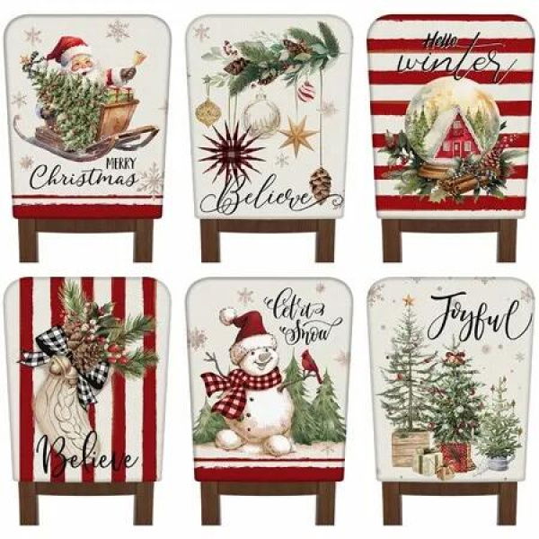 6 Pcs Christmas Chair Covers Vintage Christmas Chair Back Covers Red and White Xmas Chair Protector Slipcovers Washable Seat Covers for Home Decorations