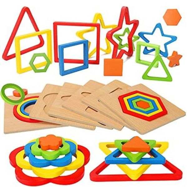 6 Pcs Toddler Puzzles Wooden Toys Montessori Shape Sorting Puzzle Sensory Toys Toddlers Activities Preschool Learning Early Educational Travel 1-3