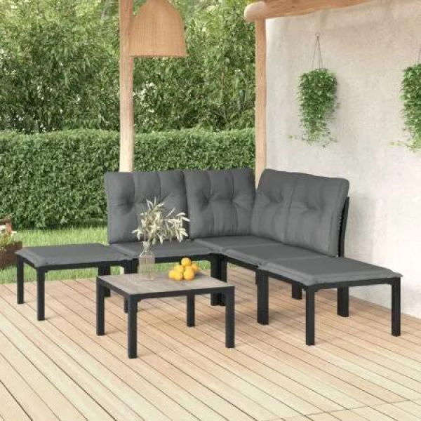 6 Piece Garden Lounge Set Black and Grey Poly Rattan