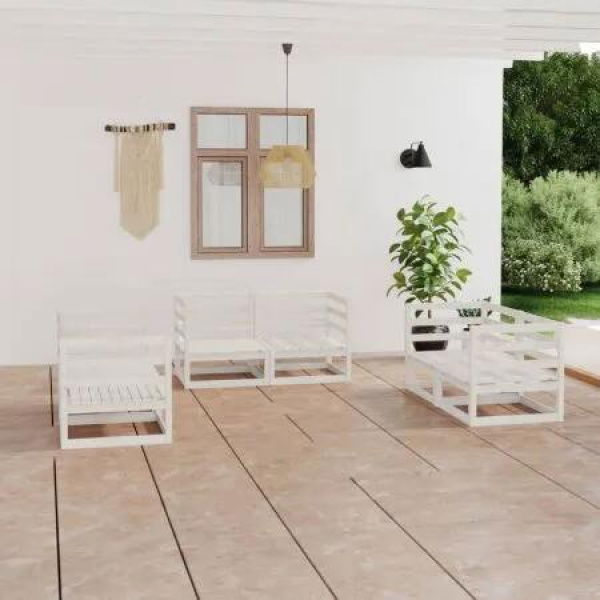 6 Piece Garden Lounge Set White Solid Pinewood