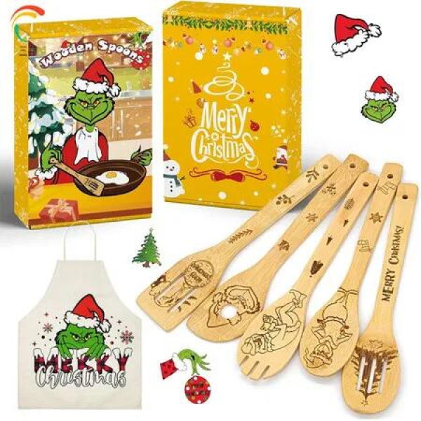 6 Piece Green Monster Christmas Kitchen Utensil Set Bamboo Cooking Tools with Apron Gift Box for Holiday Celebrations Christmas Gift