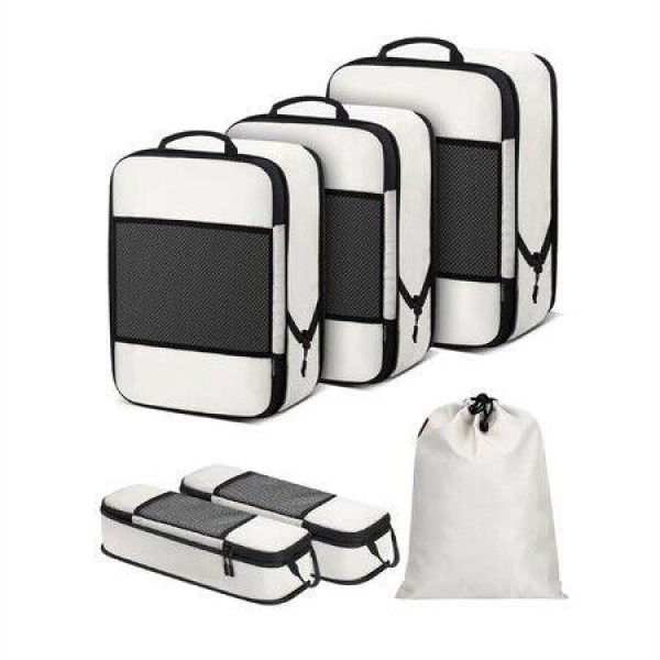 6-Piece Set of Compression Hubs for Suitcases, Luggage Organizer with Laundry Bag for Travel Accessories,Beige
