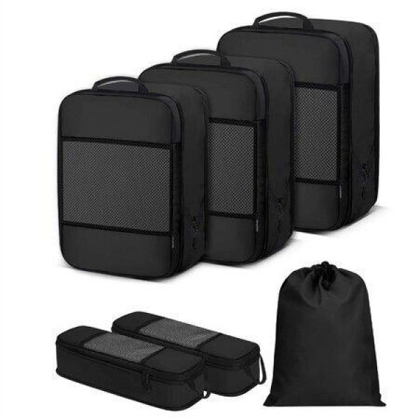 6-Piece Set of Compression Hubs for Suitcases, Luggage Organizer with Laundry Bag for Travel Accessories,Black