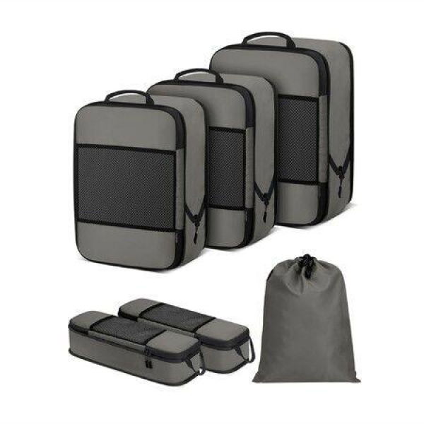 6-Piece Set of Compression Hubs for Suitcases, Luggage Organizer with Laundry Bag for Travel Accessories,Grey