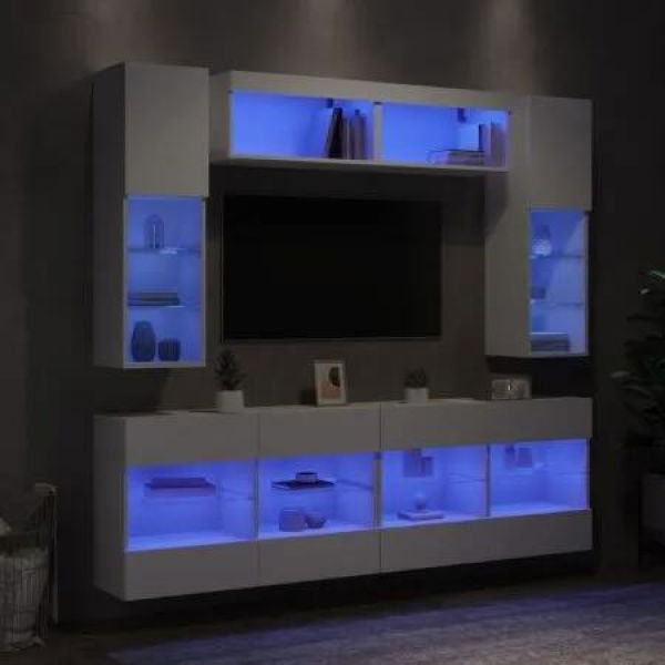 6 Piece TV Wall Cabinet Set with LED Lights White