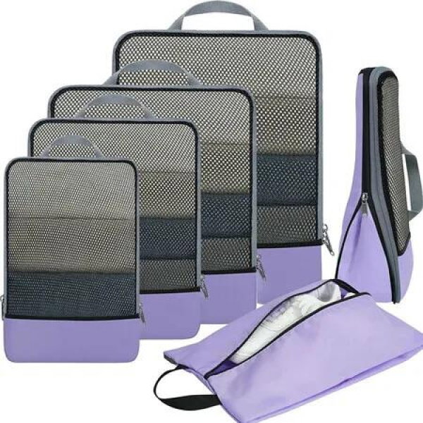 6 Set Compression Packing Cubes for Suitcase, Travel Accessories Expandable Packing Organizers, Essentials Luggage Travel Bags (Purple)