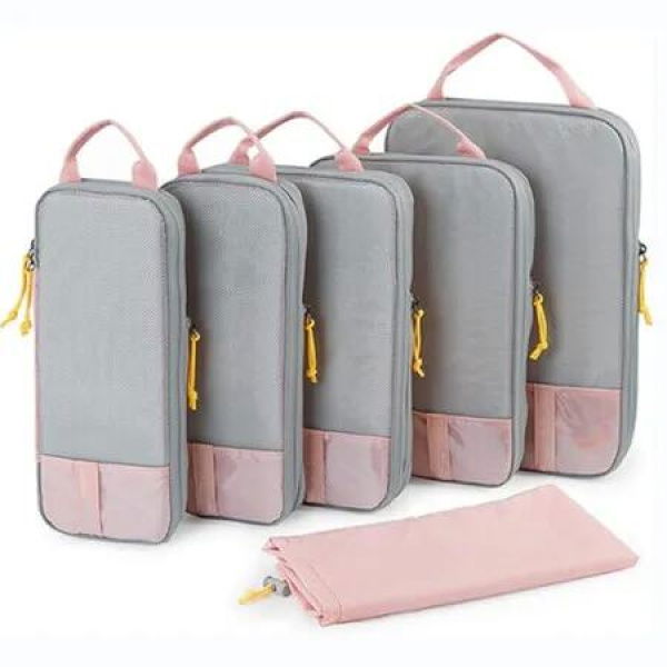 6 Set Compression Packing Cubes, Lightweight Travel Essentials, Durable Luggage Organizer (Pink)