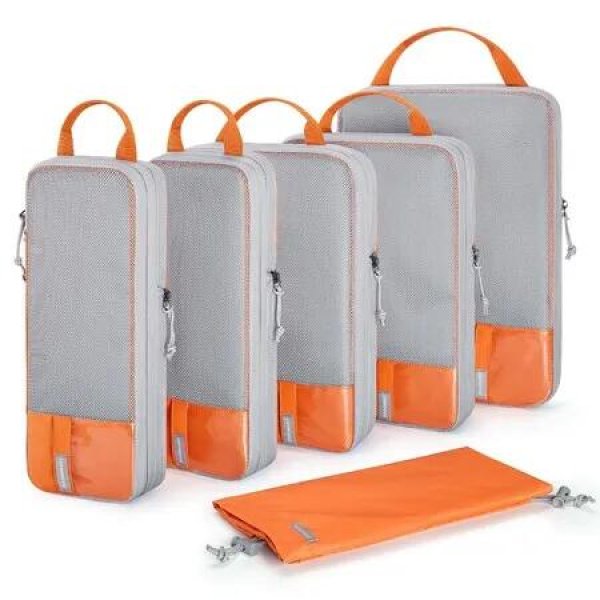 6 Sets Compression Packing Cubes for Travel, Travel Accessories for Suitcase Organizer Bags Set-Orange