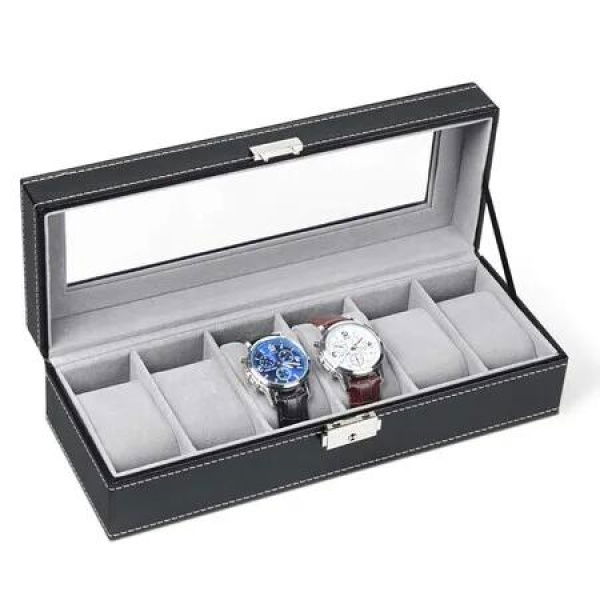 6-Slot Watch Box Organizer Display Case: Stylish and Practical Storage for Men's Watches Black