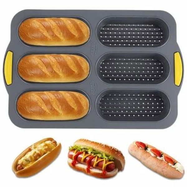 6-Slots Silicone Bread Loaf Pan, Nonstick Sourdough Loaf Pan & Heat Resistant Baguette Bread Pan, Silicone Molds for Baking Hoagie Rolls Hot Dog Buns