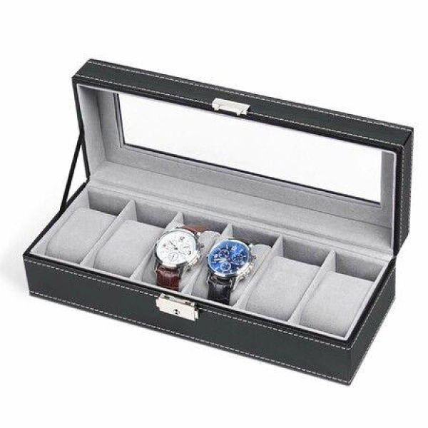 6 Slots Watch Box Organizer For MenBlack Watch Stand Display Storage Case Holiday Gift