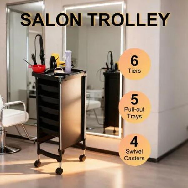 6 Tier Hair Salon Trolley Spa Beauty Parlor Hairdressing Tool Rolling Pull Out Trays Storage Cart Mobile Work Station Barber Stylist Tattoo Nail Shop