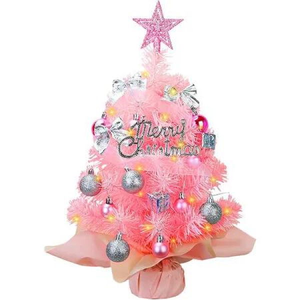 60 cm Small Mini Table top Christmas Tree with LED Lights, Christmas Tree Decorated Gift Boxes and Hanging Ornaments for DIY Christmas Decoration, Pink