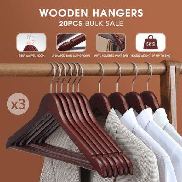 60 Pcs Wood Clothes Hangers Coat Pants Portable Laundry Closet Hanging Racks Mahogany