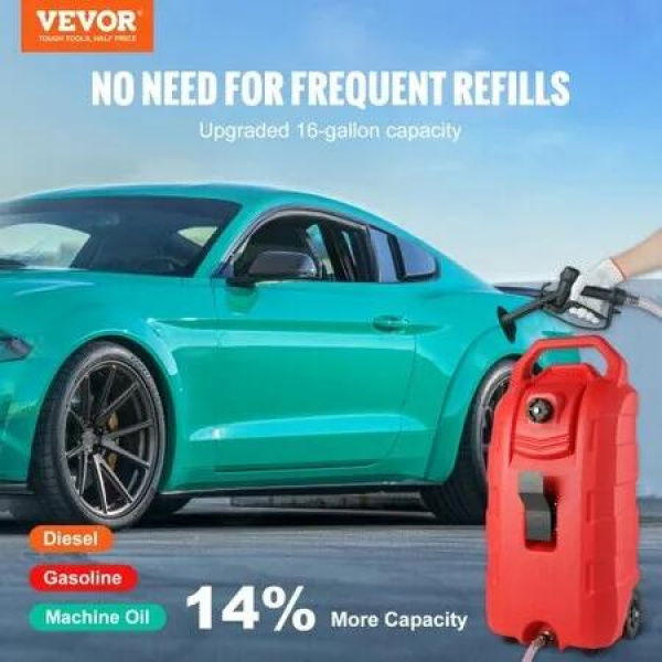 60.57L Fuel Caddy, 7.8 L/min, Portable Gas Storage Tank Container with Hand Pump Rubber Wheels, Fuel Transfer Storage Tank for Gasoline Diesel Machine Oil Car Mowers Tractor Boat Motorcycle