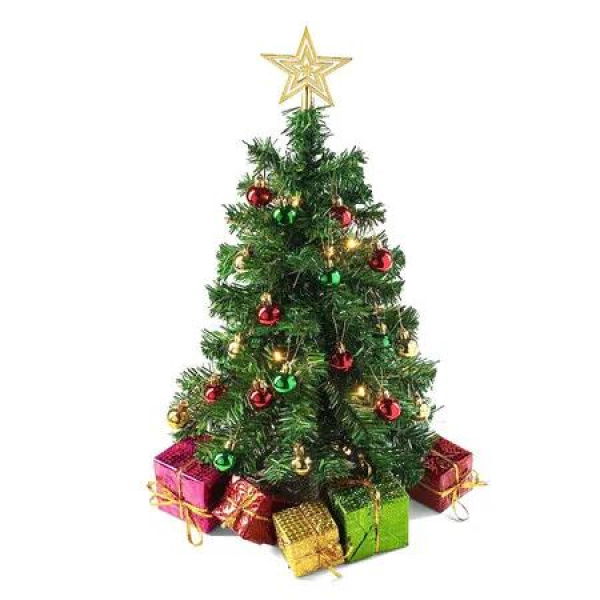 60cm Tabletop Mini Christmas Tree Set with Warm White LED Lights, Star Topper, Gift Boxes and Ornaments, Small Christmas Tree for Desk or Table