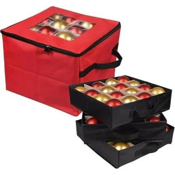 60D Cloth Durable Ornament Storage Box & Organizer with 3 Separate Removable Trays, Holds Up to 48 Xmas Balls, Red