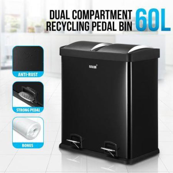 60L Dual Compartment Pedal Bin Kitchen Recycling Waste Bins Coated Steel Black