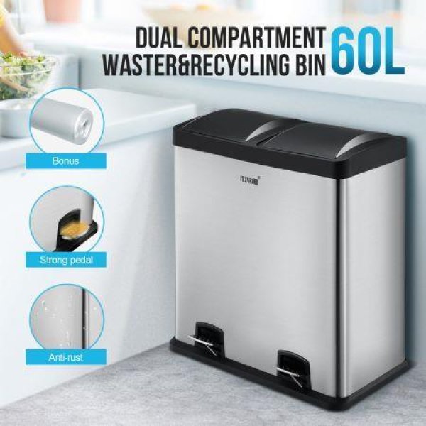 60L Kitchen Twin Bin Double Waste Compartment Rubbish Garbage Can With Pedal Easy To Clean.