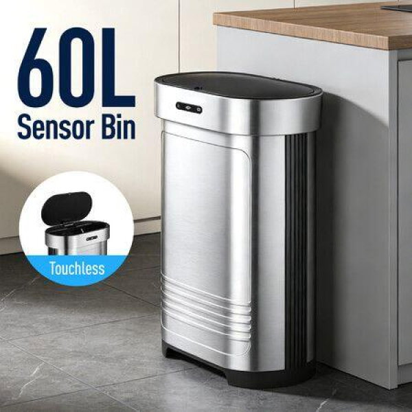 60L Sensor Dustbin Recycling Rubbish Bin with Lid Stainless Steel Kitchen Trash Can Smart Automatic Garbage Waste Trashcan Container Bathroom Office