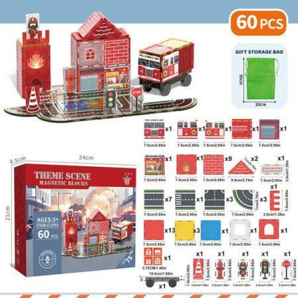 60PCS 7.5CM Magnetic Tiles Window Color Fire Theme Large Size Building Blocks Educational Toys Boys Girls Birthday Gift