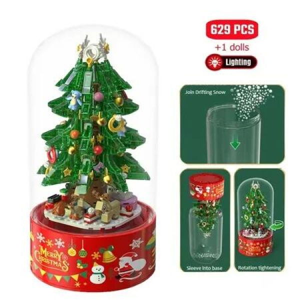 629PCS Christmas Tree Drifting Snow Rotating Music Box Building Blocks DIY Santa Claus Figures Decoration Bricks Kids Toys Gifts