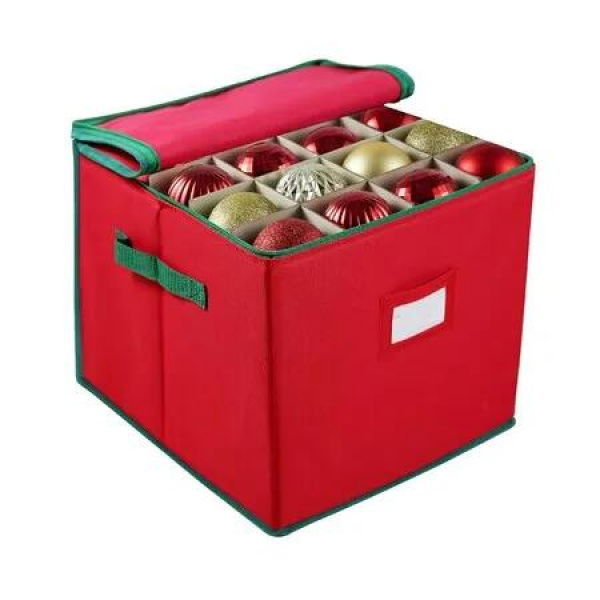 64 slots Christmas Ornament Storage Box with Adjustable Dividers, Oxford Holiday Ornament Storage Container Zipper 33x33x33cm (Red)