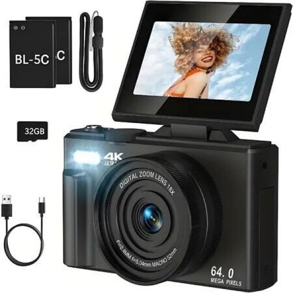 64MP Digital Camera 4K Video Vlogging YouTube Photography Flip Screen 18X Zoom Gift for Teens Color Black With Dual Batteries