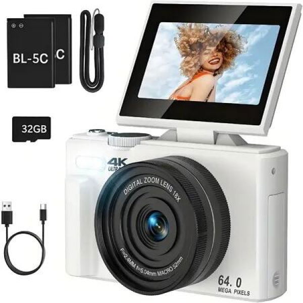 64MP Digital Camera 4K Video Vlogging YouTube Photography Flip Screen 18X Zoom Gift for Teens Color White With Dual Batteries